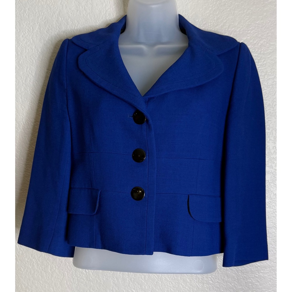 Hobbs London UK 10 US 6 Blazer Blue Wool Blend Cropped 3 Button Jacket Career